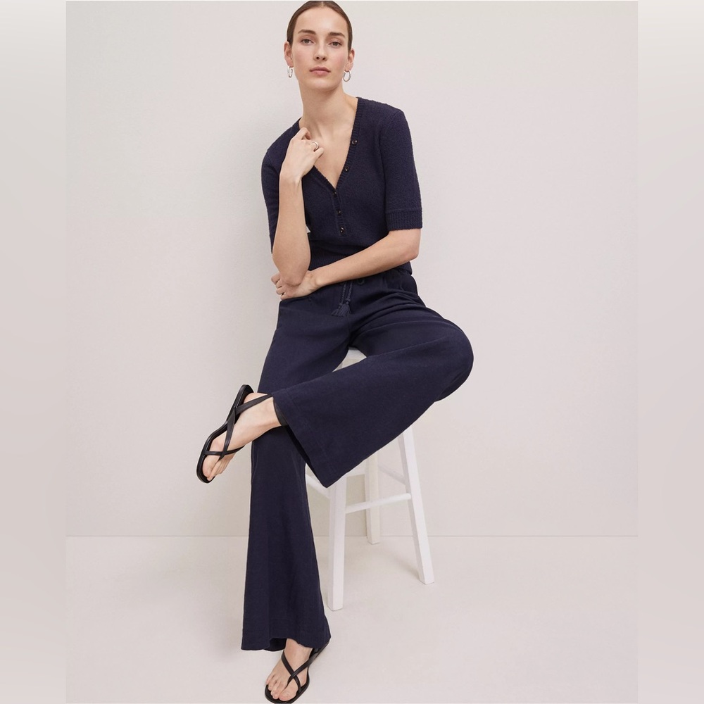 Ann Taylor Weekend Collection Pull On Wide Leg Pant Linen / Size M / Night Sky